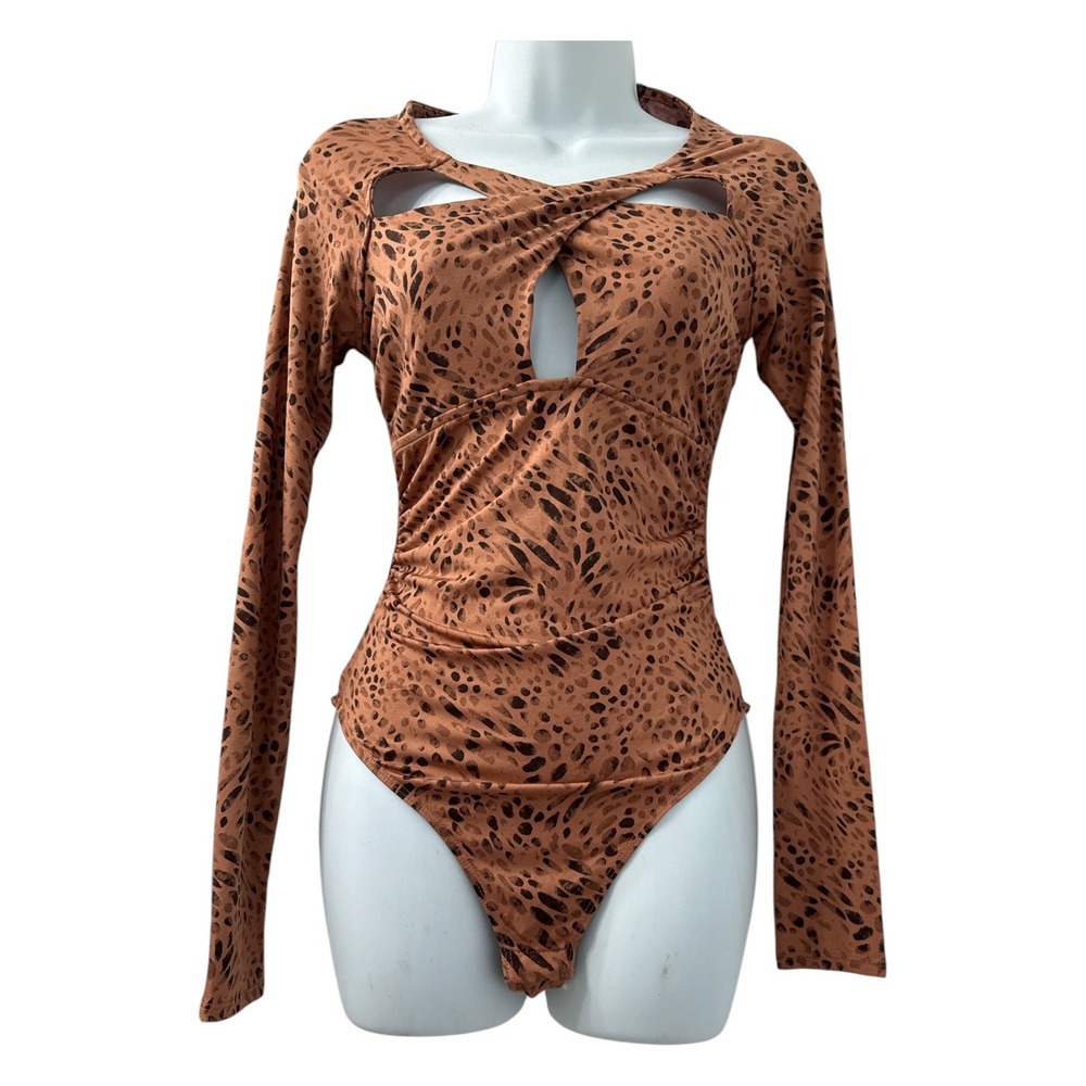 Wild Fable Womens Brown Cheetah Print Cutout Long Sleeve Bodysuit Small NWT - Picture 1 of 8